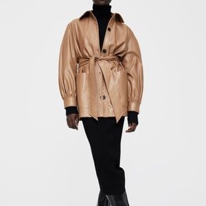 ZARA Faux Leather Oversized Shirt taupe brown